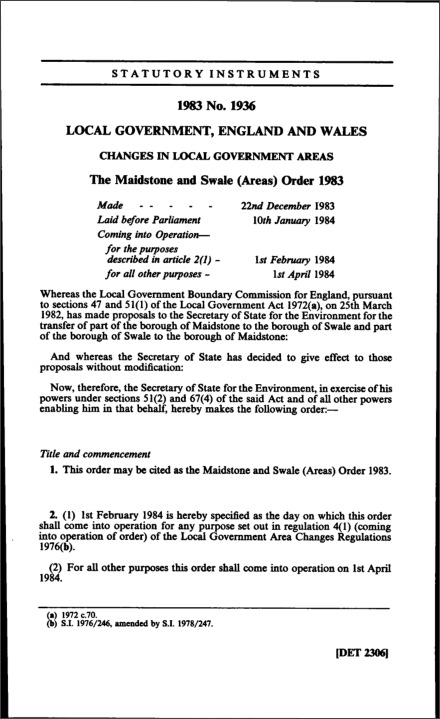 The Maidstone and Swale (Areas) Order 1983