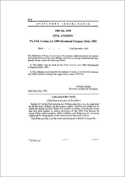 The Civil Aviation Act 1980 (Nominated Company) Order 1983