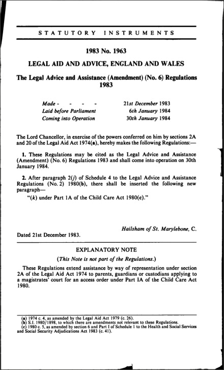 The Legal Advice and Assistance (Amendment) (No. 6) Regulations 1983