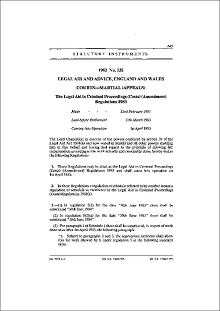 The Legal Aid in Criminal Proceedings (Costs) (Amendment) Regulations 1983