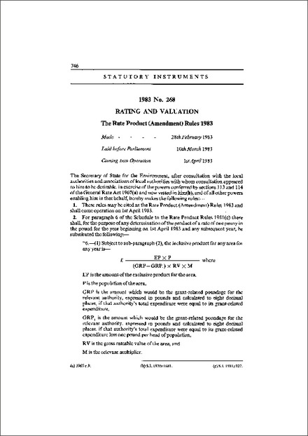 The Rate Product (Amendment) Rules 1983