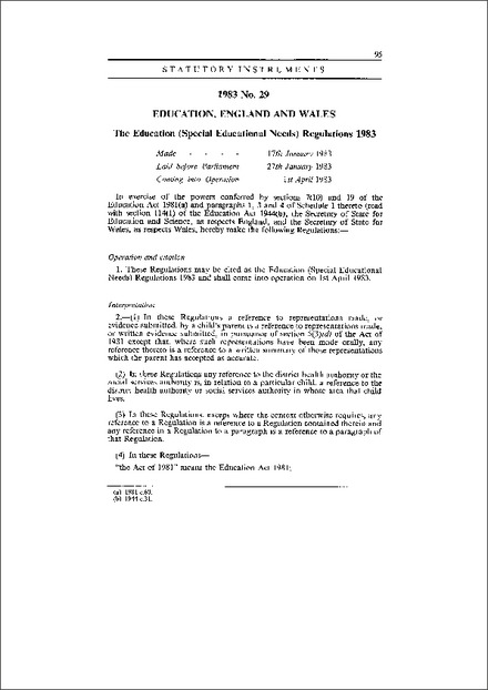 The Education (Special Educational Needs) Regulations 1983