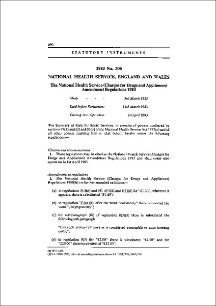The National Health Service (Charges for Drugs and Appliances) Amendment Regulations 1983