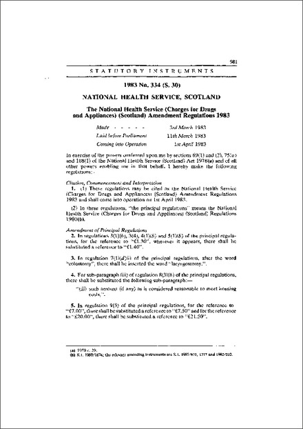 The National Health Service (Charges for Drugs and Appliances) (Scotland) Amendment Regulations 1983