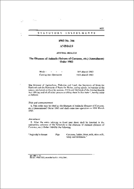 The Diseases of Animals (Seizure of Carcases, etc.) (Amendment) Order 1983