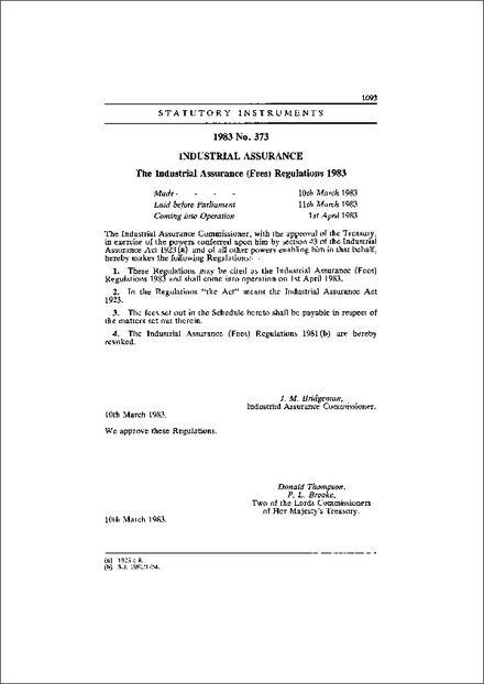 The Industrial Assurance (Fees) Regulations 1983