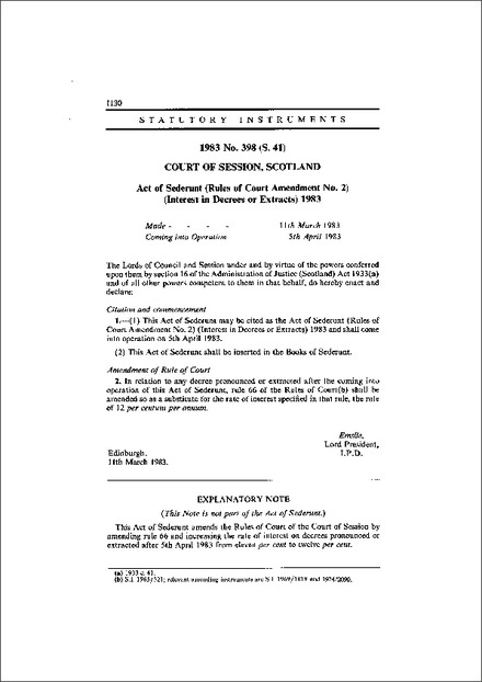 Act of Sederunt (Rules of Court Amendment No. 2) (Interest in Decrees or Extracts) 1983