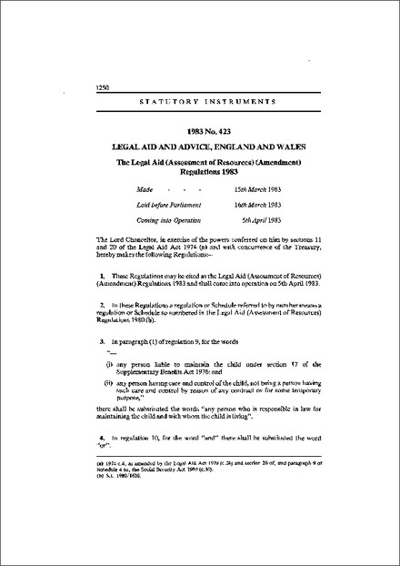 The Legal Aid (Assessment of Resources) (Amendment) Regulations 1983