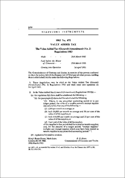The Value Added Tax (General) (Amendment) (No. 2) Regulations 1983
