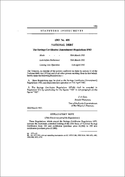 The Savings Certificates (Amendment) Regulations 1983