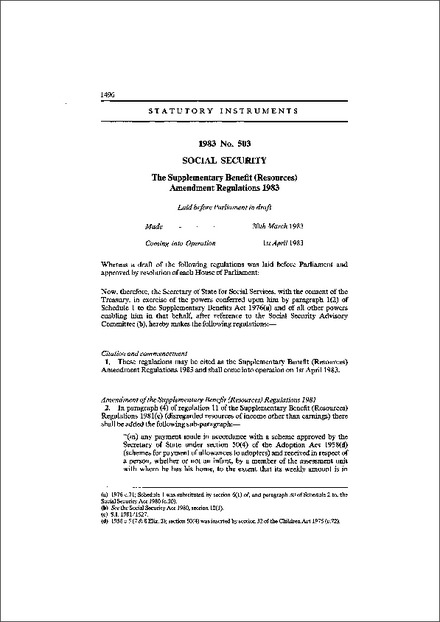 The Supplementary Benefit (Resources) Amendment Regulations 1983