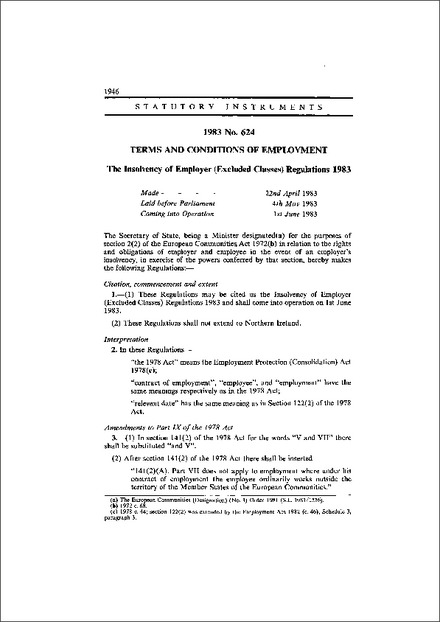 The Insolvency of Employer (Excluded Classes) Regulations 1983
