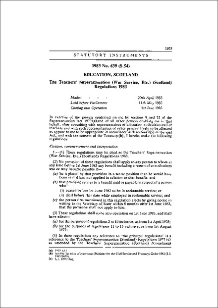 The Teachers' Superannuation (War Service, Etc.) (Scotland) Regulations 1983