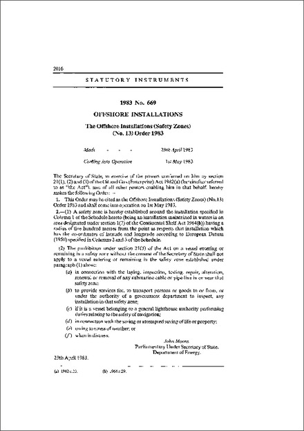 The Offshore Installations (Safety Zones) (No. 13) Order 1983