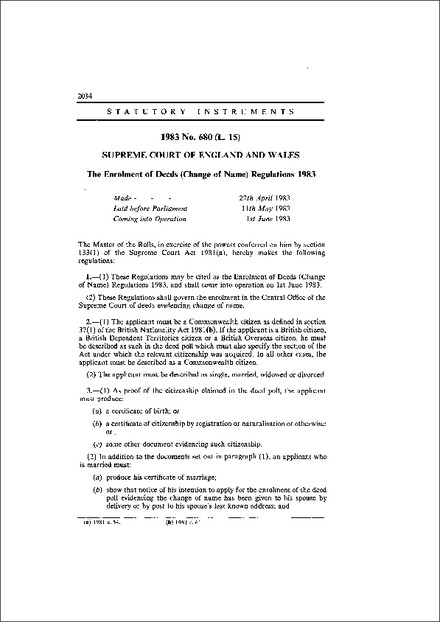 The Enrolment of Deeds (Change of Name) Regulations 1983