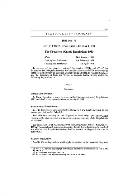 The Education (Grant) Regulations 1983