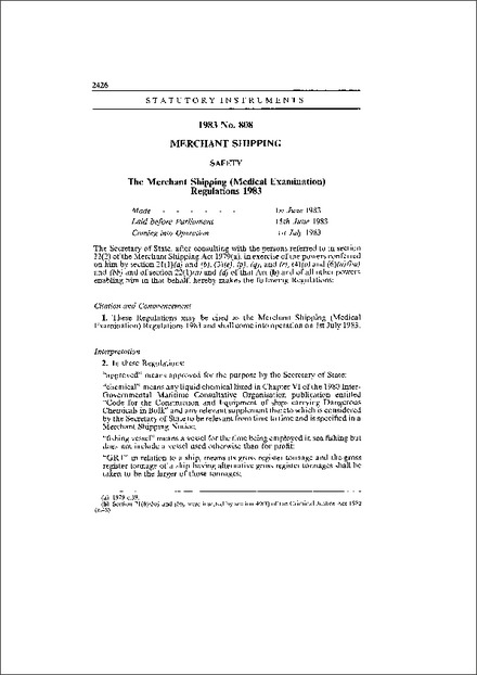 The Merchant Shipping (Medical Examination) Regulations 1983