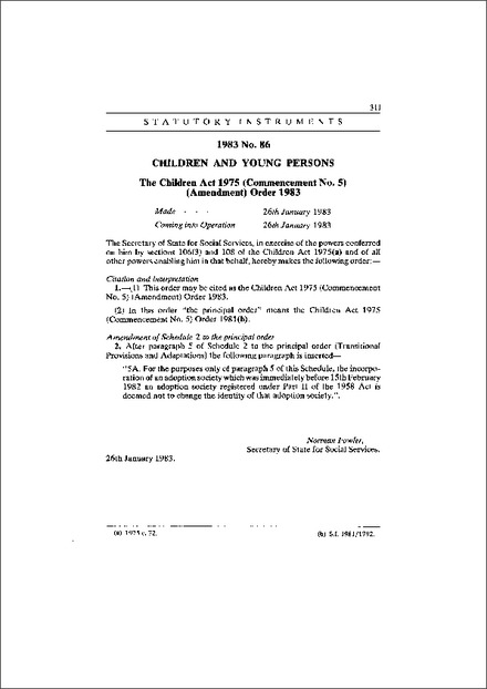 The Children Act 1975 (Commencement No. 5) (Amendment) Order 1983
