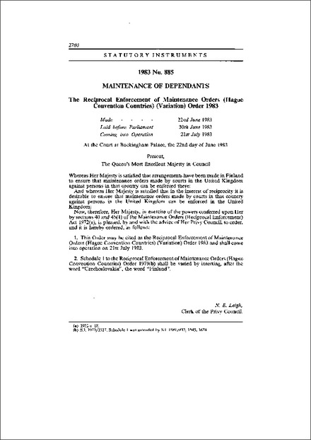 The Reciprocal Enforcement of Maintenance Orders (Hague Convention Countries) (Variation) Order 1983