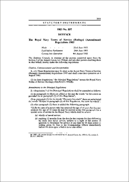 The Royal Navy Terms of Service (Ratings) (Amendment) Regulations 1983