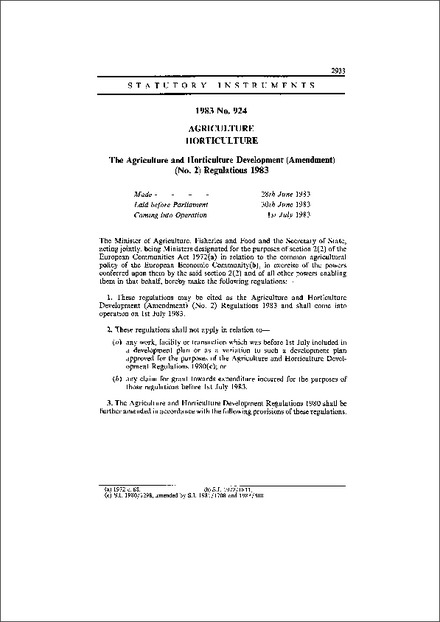 The Agriculture and Horticulture Development (Amendment) (No. 2) Regulations 1983
