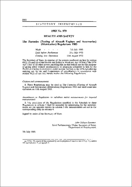 The Factories (Testing of Aircraft Engines and Accessories) (Metrication) Regulations 1983