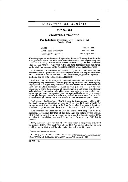 The Industrial Training Levy (Engineering) Order 1983