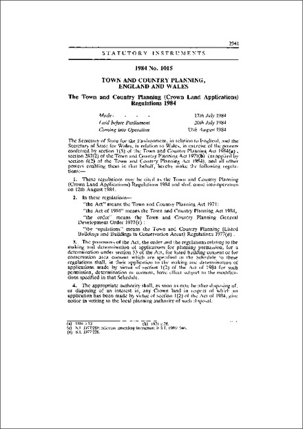 The Town and Country Planning (Crown Land Applications) Regulations 1984