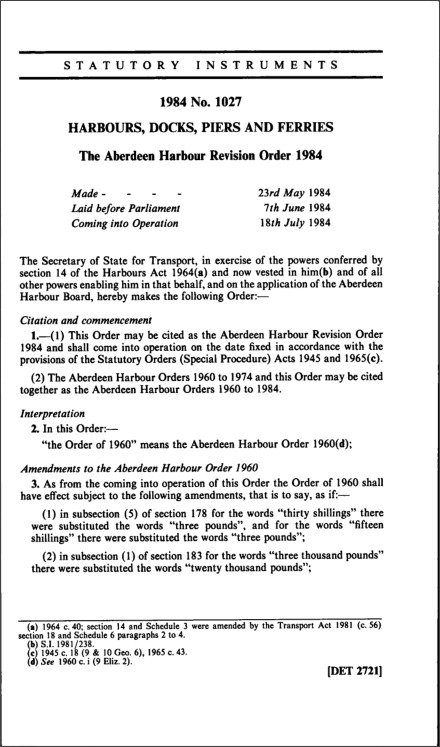 The Aberdeen Harbour Revision Order 1984