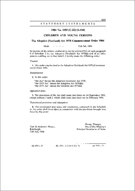 The Adoption (Scotland) Act 1978 Commencement Order 1984