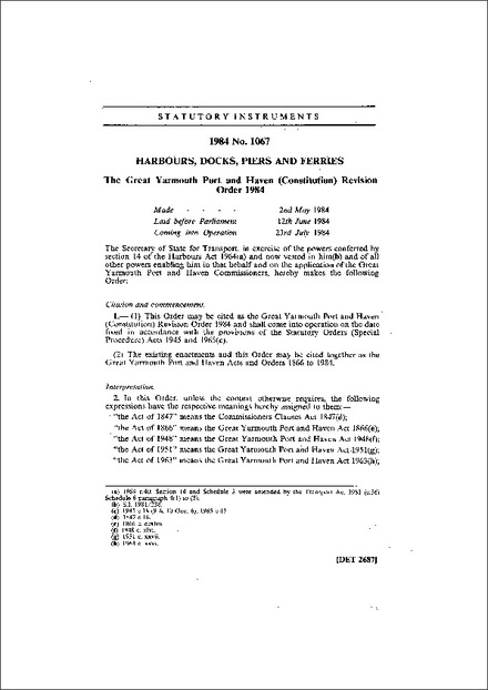 The Great Yarmouth Port and Haven (Constitution) Revision Order 1984