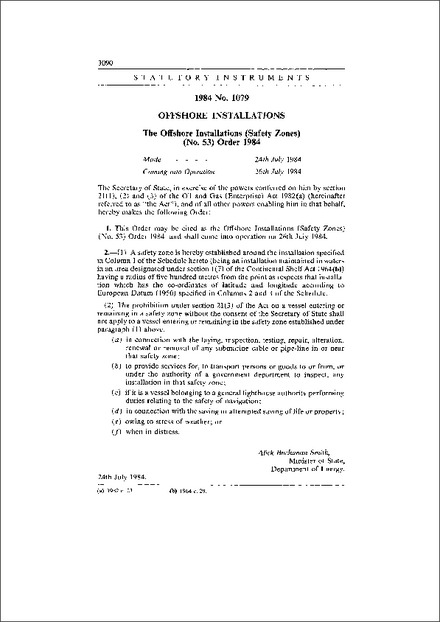 The Offshore Installations (Safety Zones) (No. 53) Order 1984