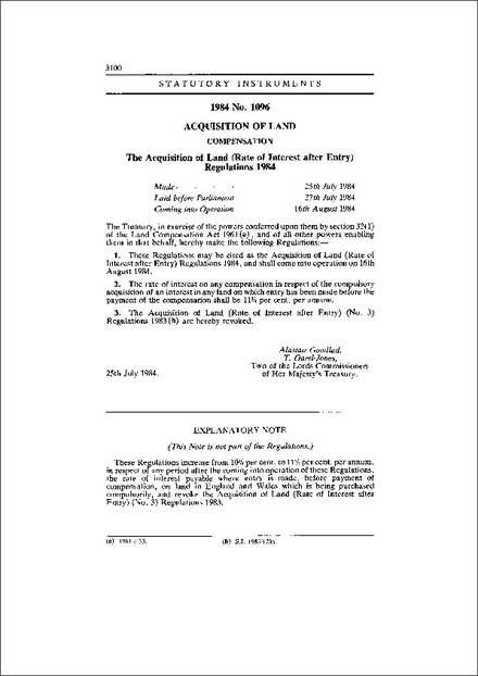 The Acquisition of Land (Rate of Interest after Entry) Regulations 1984