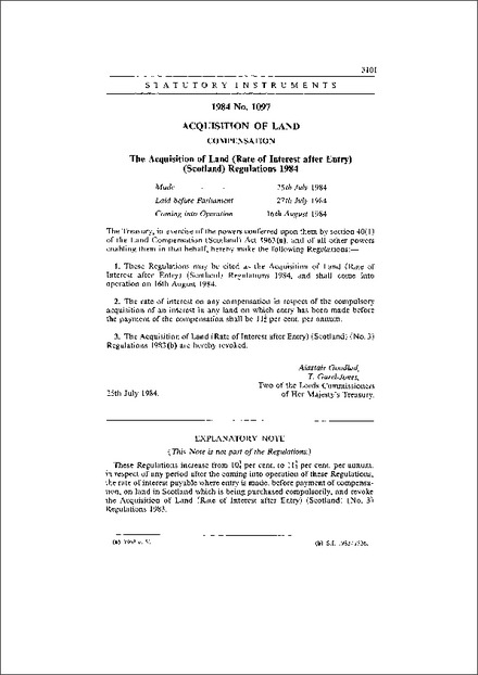 The Acquisition of Land (Rate of Interest after Entry) (Scotland) Regulations 1984