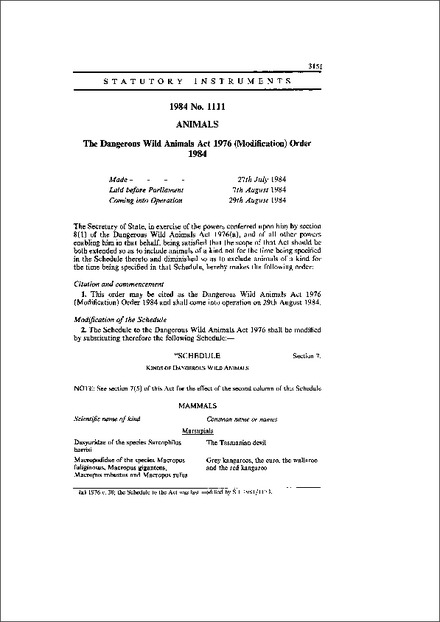 The Dangerous Wild Animals Act 1976 (Modification) Order 1984