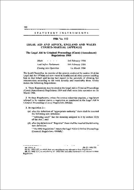 The Legal Aid in Criminal Proceedings (Costs) (Amendment) Regulations 1984