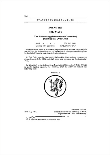 The Hallmarking (International Convention) (Amendment) Order 1984
