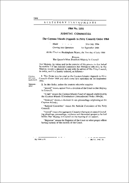 The Cayman Islands (Appeals to Privy Council) Order 1984