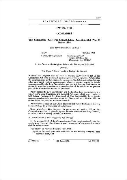 The Companies Acts (Pre-Consolidation Amendments) (No. 2) Order 1984