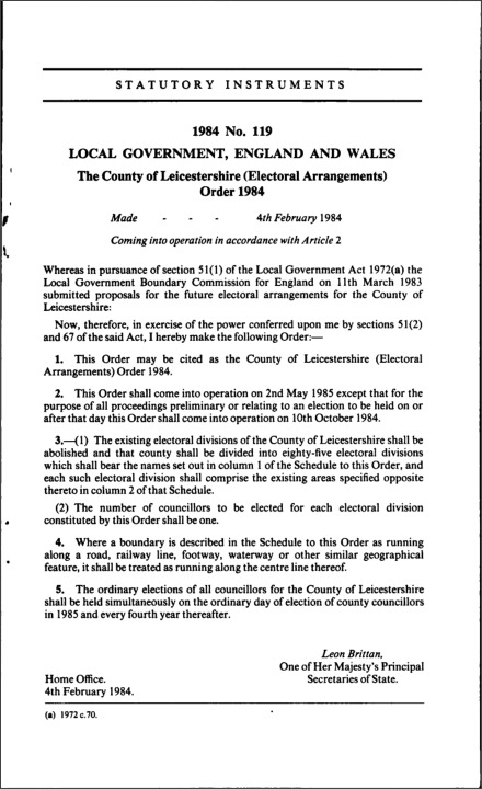 The County of Leicestershire (Electoral Arrangements) Order 1984