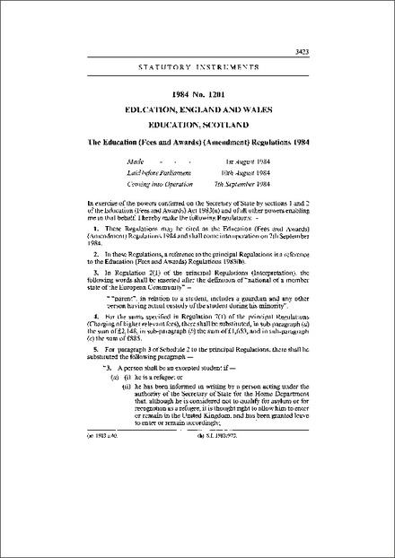 The Education (Fees and Awards) (Amendment) Regulations 1984