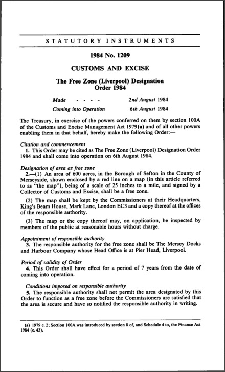 The Free Zone (Liverpool) Designation Order 1984