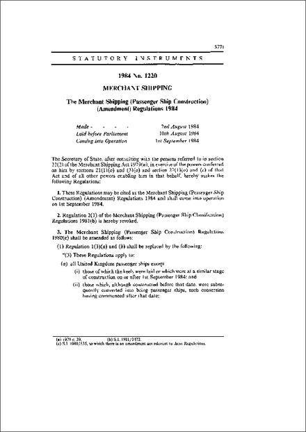 The Merchant Shipping (Passenger Ship Construction) (Amendment) Regulations 1984