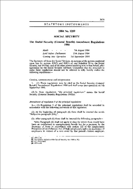 The Social Security (General Benefit) Amendment Regulations 1984