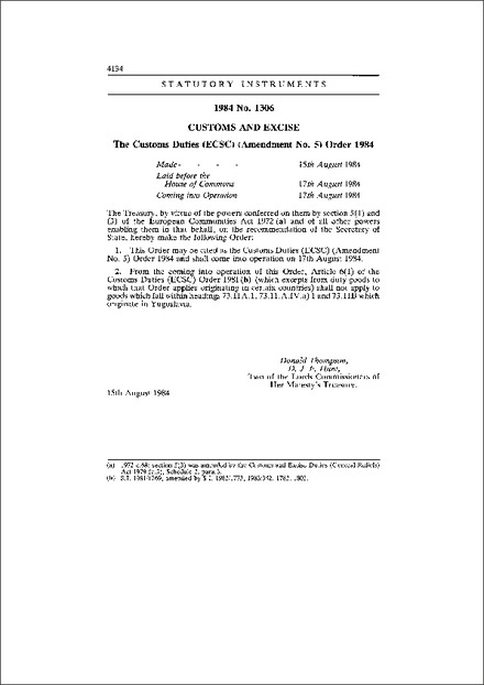 The Customs Duties (ECSC) (Amendment No. 5) Order 1984