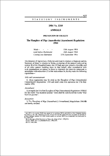 The Slaughter of Pigs (Anaesthesia) (Amendment) Regulations 1984