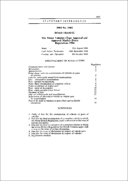 The Motor Vehicles (Type Approval and Approval Marks) (Fees) Regulations 1984