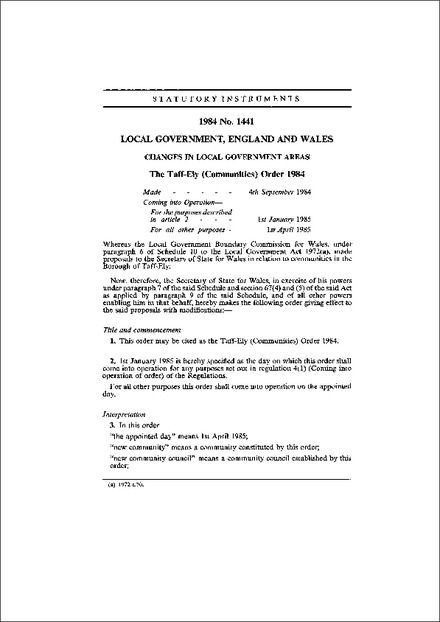 The Taff-Ely (Communities) Order 1984