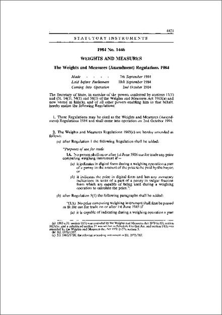 The Weights and Measures (Amendment) Regulations 1984