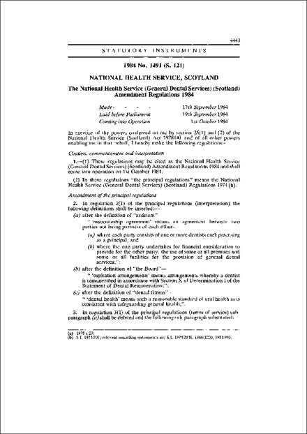The National Health Service (General Dental Services) (Scotland) Amendment Regulations 1984
